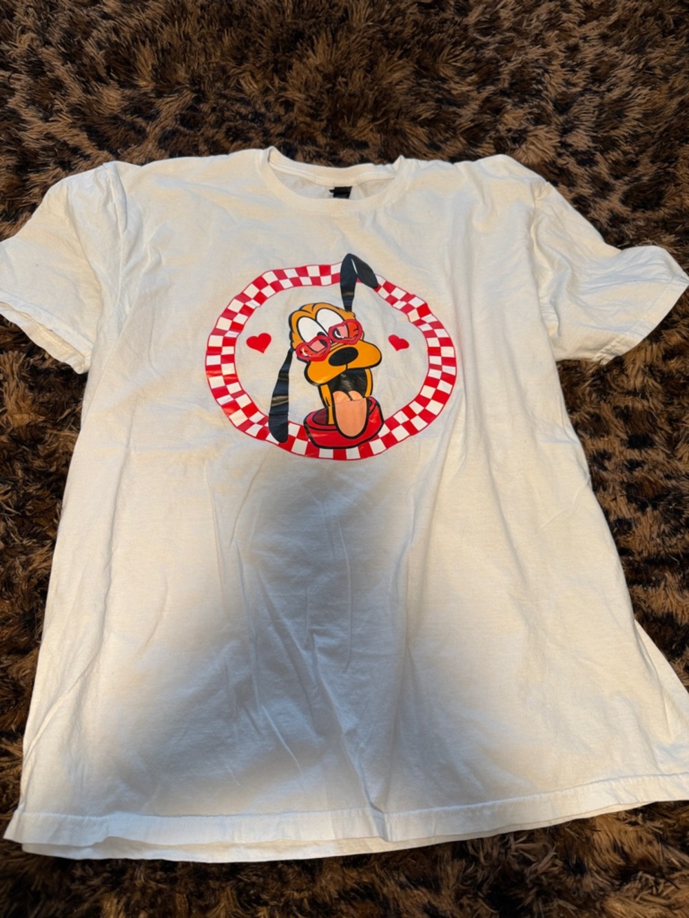 Gildan White Short Sleeve Tee with Red Check Pluto Graphic